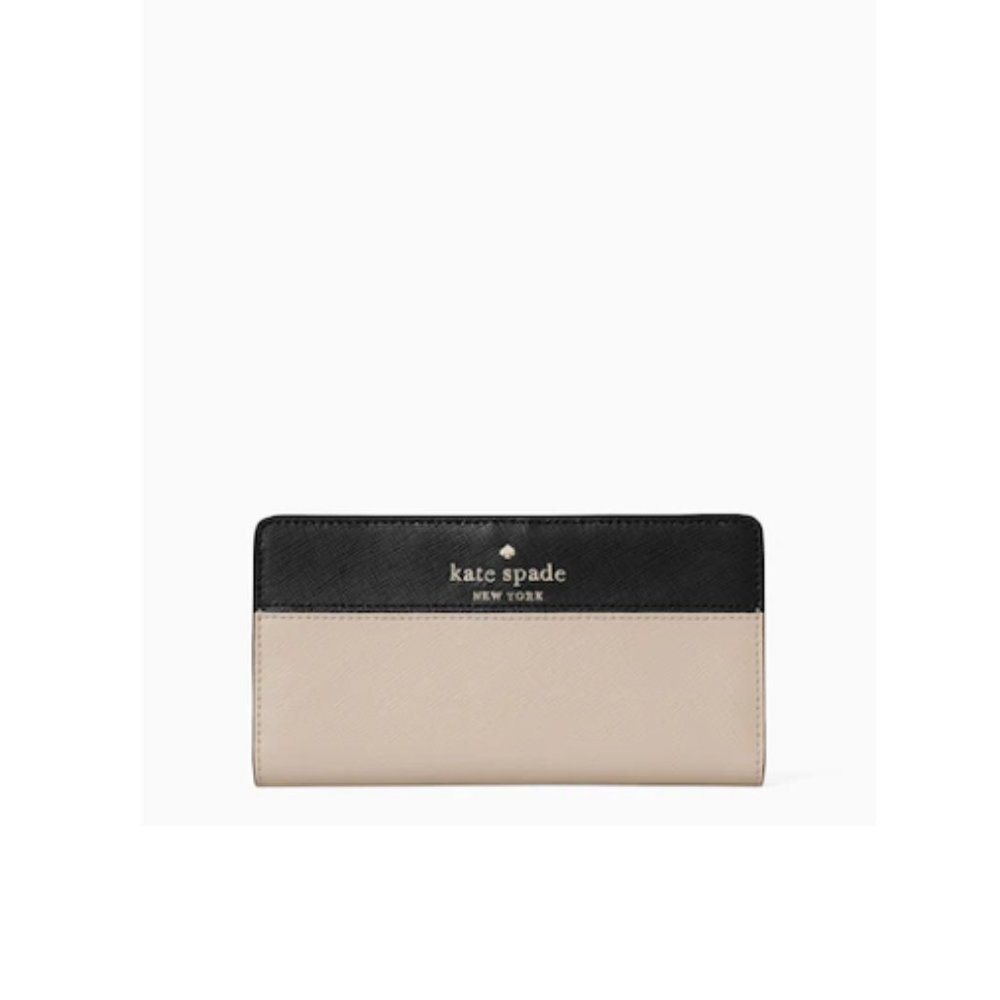 NWT KATE SPADE LARGE STACI SLIM BLACK & BIEGE BIFOLD WALLET
